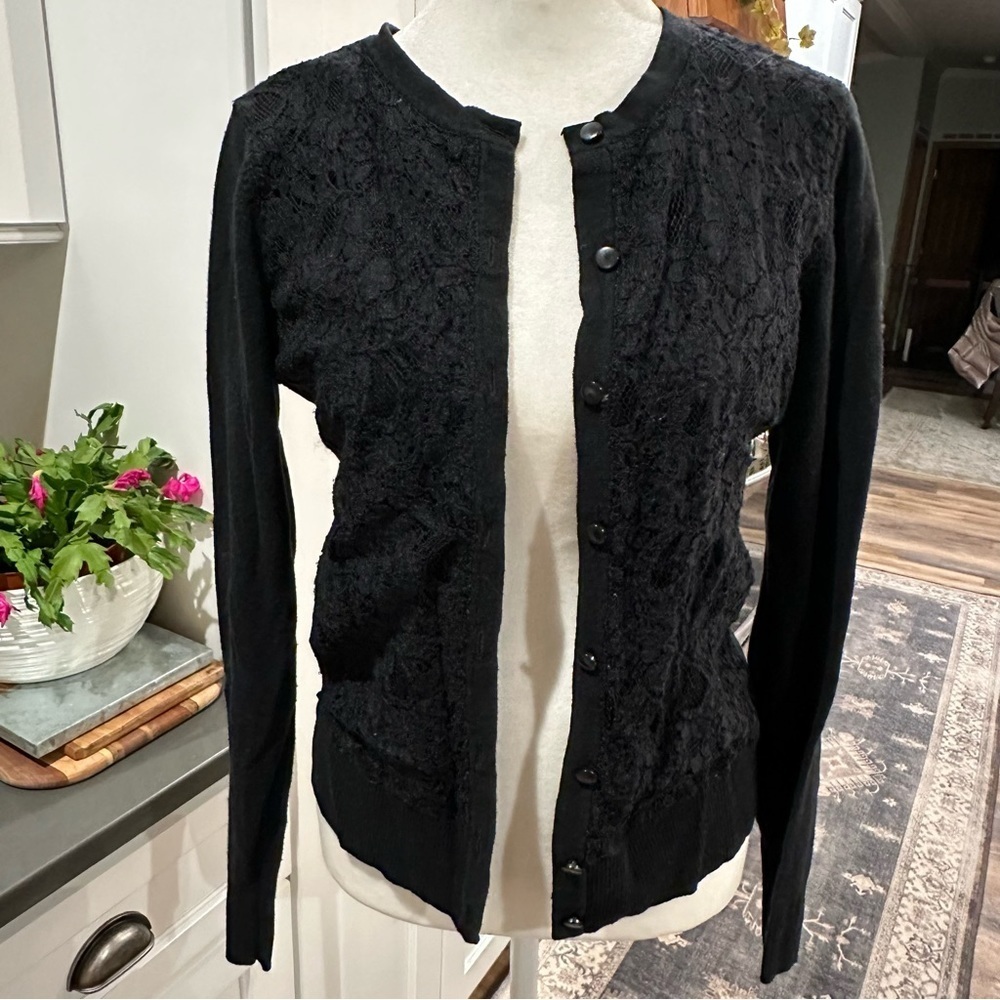Merona Womens Black Lace Classic Crew Neck Cardigan Sweater Size M Dark Academia